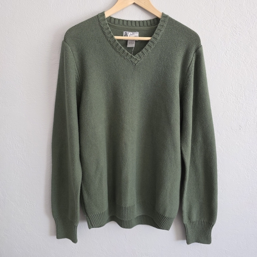 Lucky Brand Mens V Neck Green Cotton Knit Long Sleeve Preppy Sweater Sz LG NEW